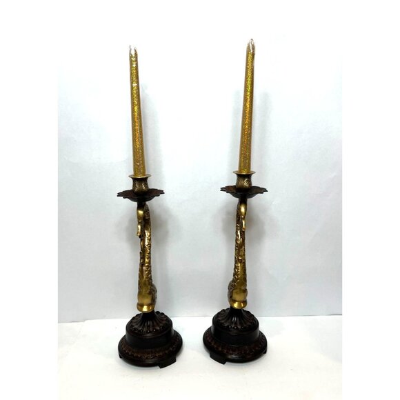 Vintage Brass Koi Dolphin Candlestick Holders Ornate Patina Base Leaf Design - Picture 4 of 7